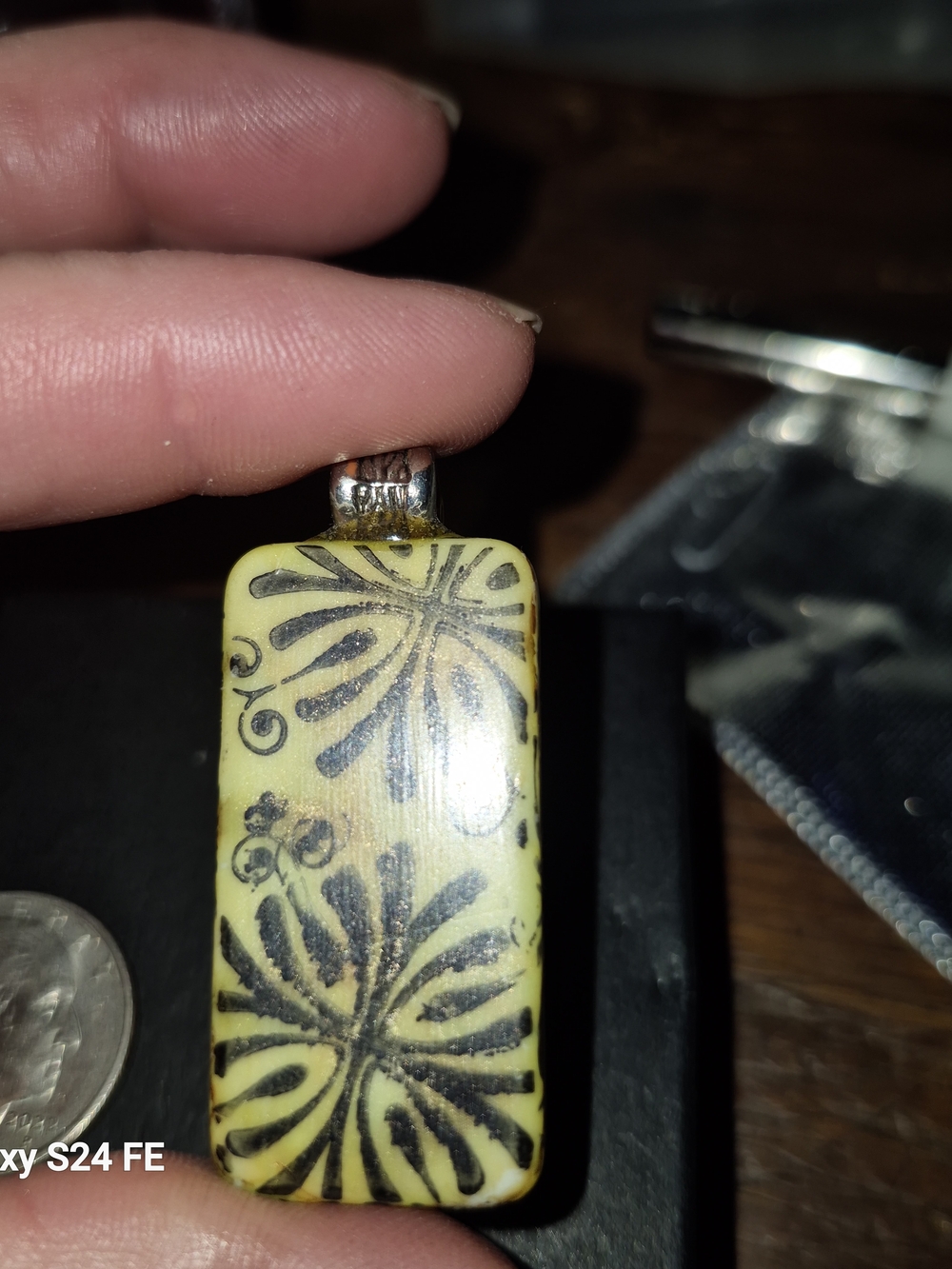 Yellow-Green Turquoise Domino Pendant Necklace with Orange Accents - Picture 6 of 6